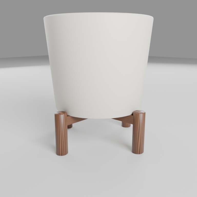 Cream ceramic planter on a dark wooden stand, seen from the front at a slight angle